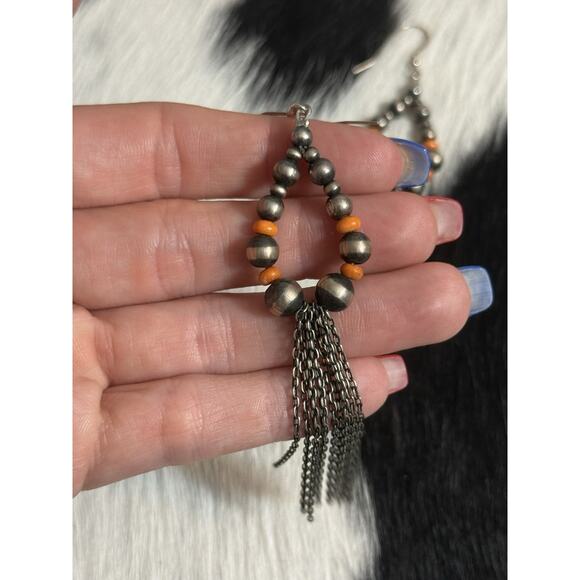 Native American Sterling Silver Navajo Pearl Orange Spiny Chandelier Earrings 4” - Picture 6 of 10